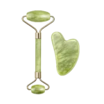 Rouleau de Massage Visage en Pierre de Jade Verte avec Gua Sha