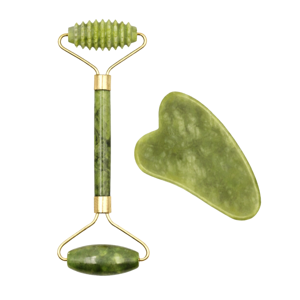 Rouleau-de-massage-visage-texturé-en-pierre-de-jade-avec-Gua-Sha-2 Rouleau de Massage Visage en Pierre de Jade Verte Texturé avec Gua Sha – Image 1